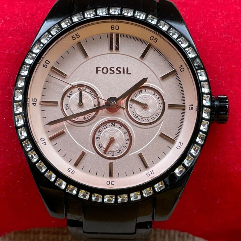 Fossil Ladies Wristwatch Crystals Accent Bezel Black Tone Quartz Multi-function - Picture 1 of 11